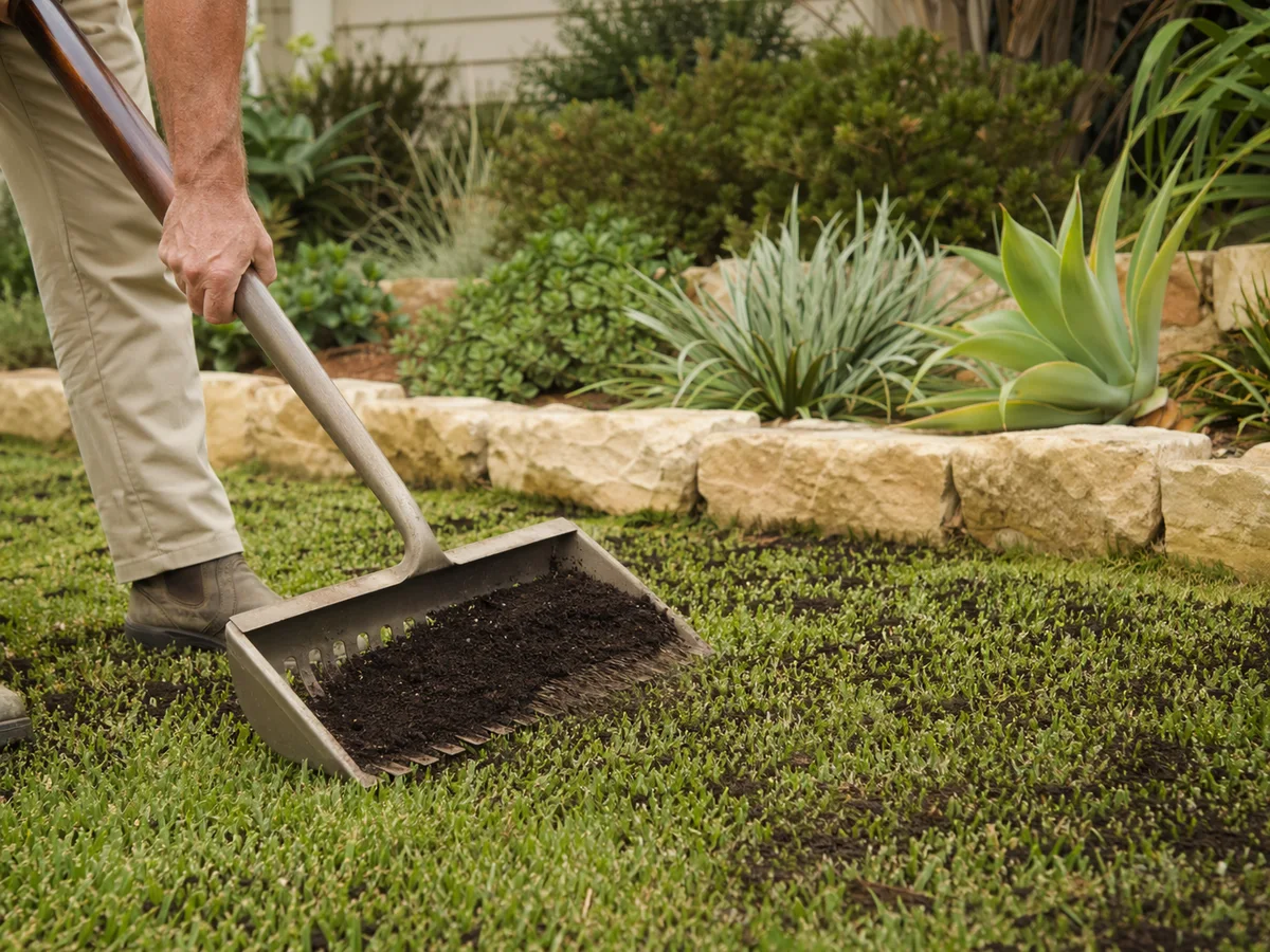 Organic topdressing being spread across a residential lawn